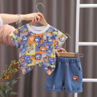Summer fashion children's Internet celebrity fashion plaid doll short-sleeved suit trendy and cool boys sports suit  Gray