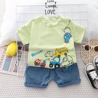 Small and medium-sized children's summer new children's clothing wholesale Korean style car short-sleeved soft denim shorts two-piece set  Green