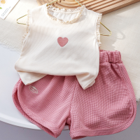 Girls' new summer sweet suit Western style vest lace sleeveless T simple versatile shorts Korean version of two-piece suit  Pink