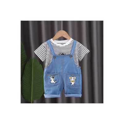 New style boys and girls casual striped short-sleeved suits cartoon cow overalls baby summer two-piece suit
