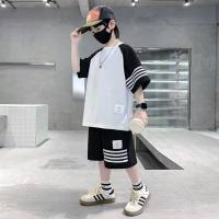 Summer boys' short-sleeved two-piece suit 2023 new loose Korean style medium and large children's two-piece suit trendy children's clothing wholesale  Black