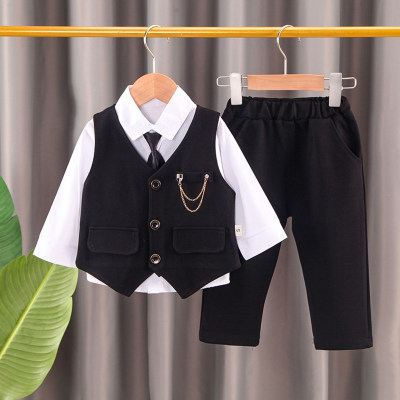 Camicia a maniche lunghe da bambino in 5 pezzi, gilet abbottonato in tinta unita e pantaloni abbinati con cravatta