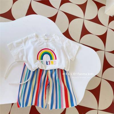 Meninas verão terno 2023 novo estilo coreano bebê menina arco-íris manga curta camiseta arco-íris plissado meados de calças conjunto de duas peças