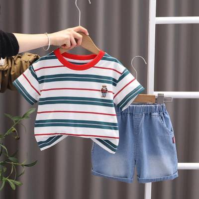 Kinder Denim Shorts Anzug Kinderkleidung Jungen Casual T-Shirt Sommer gestreift Rundhalsshirt Kurzarm Zweiteiler Set 2024