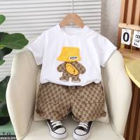Summer Korean version of boys and girls short-sleeved children's clothing hats bear two-piece children's suits children's foreign trade summer clothing  White