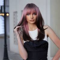 New full head cover cosplay punk style pink gradient dark brown cosplay bangs long straight hair wig  Style 2
