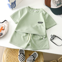 New style children's clothing summer children's leisure suit loose clothes boys short-sleeved waffle baby summer  Light Green