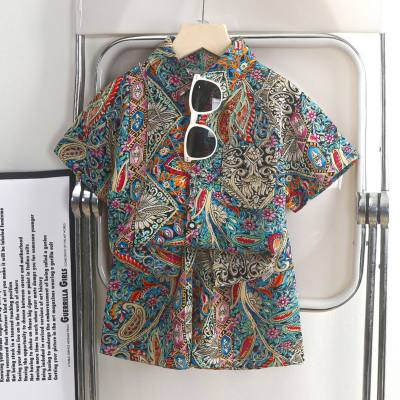 Boys shirt suit summer suit new Hong Kong style middle and large children's stylish floral casual flower shirt children's clothing