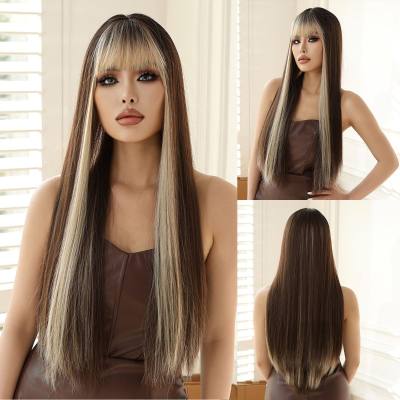 Liuhai gradual gray long straight hair chemical fiber high temperature silk European and American wigs wigs