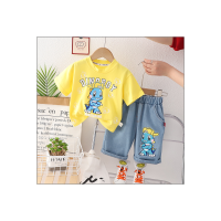 Boys Summer Clothes Suit 2023 New Small and Medium-sized Children Baby Cartoon Dinosaur Pattern Short-Sleeved Shorts Summer Clothing Trendy Children's Clothes  Yellow