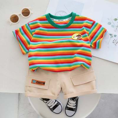 Summer cotton short-sleeved shorts boy's suit color striped children's suit casual high quality two-piece suit in stock