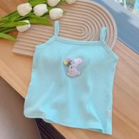 Girls' sleeveless tops cartoon embroidery knitted slim elastic vest girls' camisole candy color summer clothes  Blue