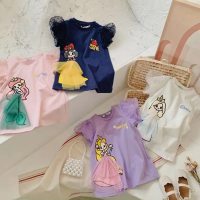 Abbigliamento per bambini estate maniche a sbuffo ragazze cartone animato stampa tridimensionale maglia a maniche corte T-shirt vestito per bambini  Viola