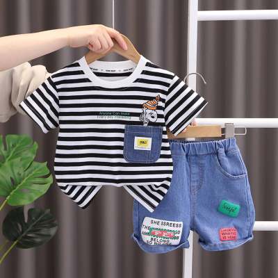 Ropa para niños, camiseta de manga corta a rayas con oso, ropa japonesa de moda de estilo coreano, verano 2023