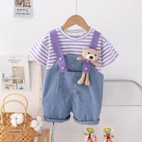 Children's summer wear bear suspenders denim shorts suit for girls fashionable striped short-sleeved two-piece suit  Purple