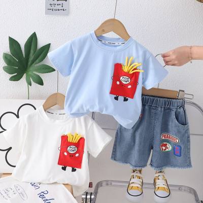 Summer new fashion three-dimensional French fries pocket short-sleeved suit for children and middle-aged children, fashionable and cute short-sleeved suit for boys