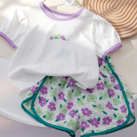 Girls summer fresh floral suit children's Korean style short-sleeved T-shirt fashionable shorts baby two-piece suit  Purple