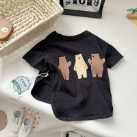 Camiseta de manga corta de puro algodón tres osos del bosque estilo veraniego  Negro