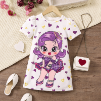 Children's clothing children's dress new style girls cartoon full print round neck short sleeve children's dress  Purple