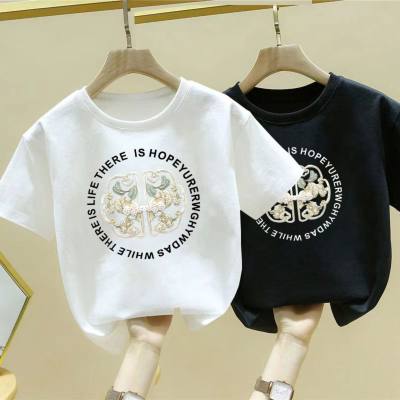 Camiseta de manga curta de verão infantil transfronteiriça novos produtos meninas impressão de algodão puro moda estilo retro crianças médias e grandes roupas de verão do bebê