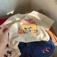 Camiseta holgada de manga corta de verano para niños y niñas de algodón puro, camisetas con estilo de Mickey de dibujos animados para niños pequeños y medianos, camisas con fondo a la moda  Albaricoque