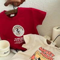 Camiseta holgada de manga corta de verano para niños y niñas de algodón puro, camisetas con estilo de Mickey de dibujos animados para niños pequeños y medianos, camisas con fondo a la moda  rojo