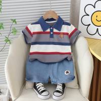 Children's summer clothes little boy clothes children's clothes boys striped POLO shirt short-sleeved summer new T-shirt suit wholesale  Gray