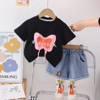 Girls summer short-sleeved suit baby 2024 new style denim short-sleeved thin children's suit handsome two-piece suit  Black