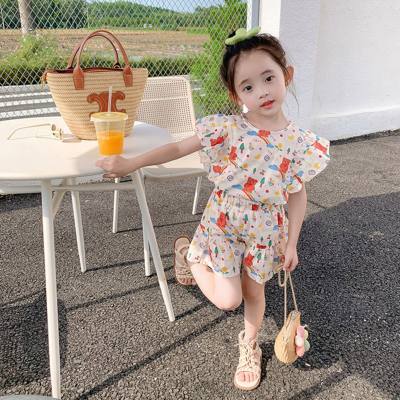 Girls suit cartoon flying sleeve top and shorts 2024 summer new style