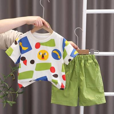 One piece drop shipping children's clothing wholesale 2024 summer clothing boys cartoon print casual short-sleeved children's T-shirt set two-piece set