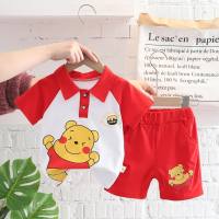 Summer short-sleeved children's suits summer boys and girls children's infants and young children cartoon lapel bear short-sleeved shorts  Red