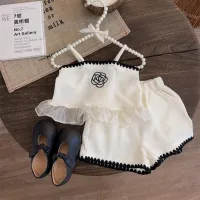 Ragazze 2024 nuovi vestiti per bambini estate alla moda ed eleganti pantaloncini con reggicalze alla moda vestito a due pezzi per bambina  bianca