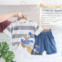 Summer boys and infants short-sleeved shorts cartoon round neck 0-5 years old two-piece children's suit  Gray