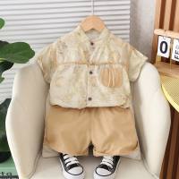 Summer boys and girls panda short-sleeved children's clothing ethnic style two-piece suit  Beige