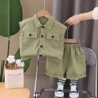 Children's solid color workwear casual wear children's suit boys summer lapel sleeveless vest children's clothing two-piece set 2024  Army Green