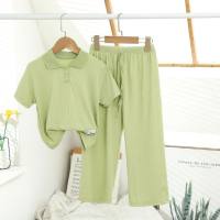 Girls fashionable suits summer 2024 new style baby girl net red pit short-sleeved pants children's sports two-piece suit  Green