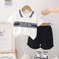 2024 summer new boys cartoon lapel polo shirt short-sleeved suit baby boy casual striped two-piece suit  White