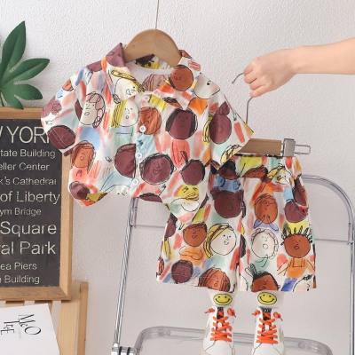 Foreign trade children's clothing wholesale 2024 summer new short-sleeved children's clothing boys cartoon full printed lapel thin casual shirt