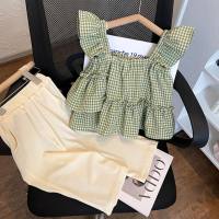 2024 Korean new style girl suit summer children's clothing stylish sleeveless square collar baby shirt trousers two-piece suit  Green