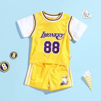 Children's summer basketball uniforms for boys and girls fake two-piece short-sleeved shorts suits sportswear kindergarten performance clothes jerseys  Yellow