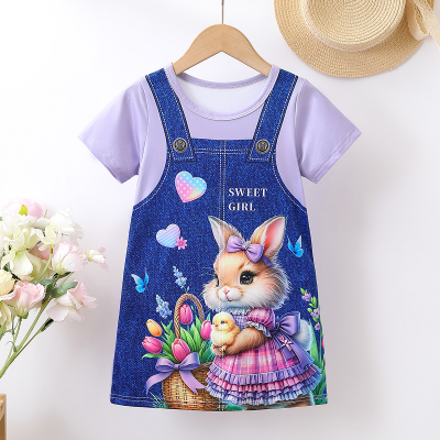 Children's Clothing Children's Dress Girls Imitation Denim Overalls Rabbit Printed Casual Round Neck Short Sleeve Children's Dress
