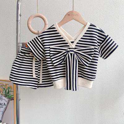 Children's striped suit girls short-sleeved T-shirt shorts two-piece suit