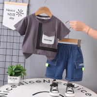 Boys summer suit 2024 new stylish baby summer suit cartoon short-sleeved shorts ribbon two-piece children's suit  Gray