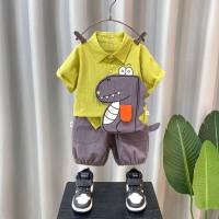 Foreign trade children's clothing boys handsome street casual children's suit 2024 new short-sleeved denim shorts two-piece suit  Green