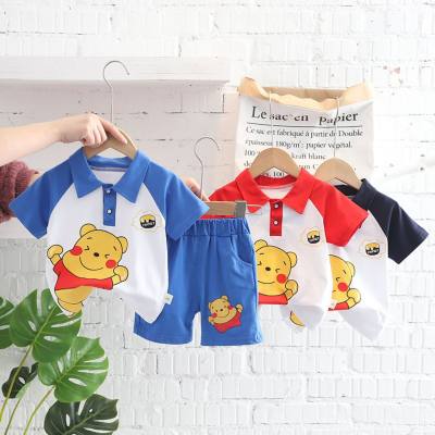 Summer short-sleeved children's suits summer boys and girls children's infants and young children cartoon lapel bear short-sleeved shorts