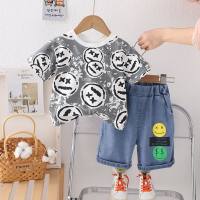 Children's clothing summer new boys short-sleeved denim shorts two-piece suit handsome cartoon smiley face suit  Gray