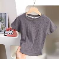 Summer children's round fashionable collar knitted T-shirt girls solid color breathable hollow western style top casual thin style  Gray