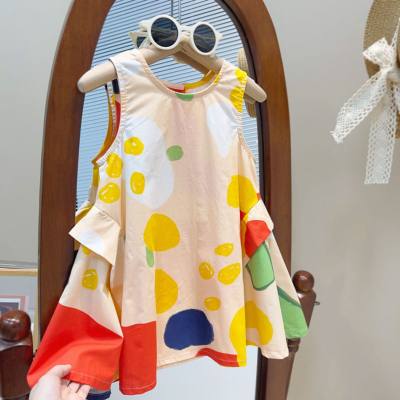 Robe d'été sans manches pour filles, version coréenne, col rond coloré, à la mode, robe de princesse pour enfants de petite et moyenne taille, 2023