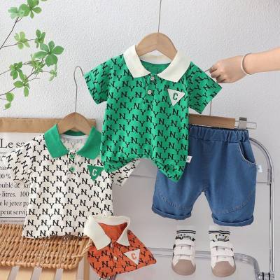 Summer new T-shirt children's suit for little boys aged 0-4 years old, children's lapel printed with letters, short-sleeved children's clothing two-piece set, trendy