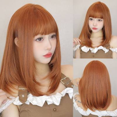 Japanese and Korean dopamine wig orange clavicle medium-length straight hair air bangs girl group style synthetic fiber full head cover